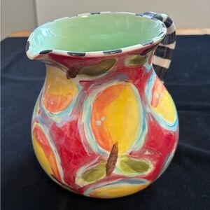 Hand Painted Large round Ceramic Pitcher With Lemons on Scarlet 9”x9” Original